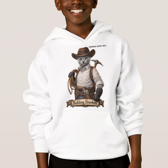 Rysk Blå Cowboy Katt – Bygger Frihet T Shirt (Framsida)