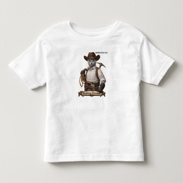Rysk Blå Cowboy Katt – Bygger Frihet T Shirt (Framsida)