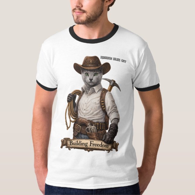 Rysk Blå Cowboy Katt – Bygger Frihet T Shirt (Framsida)