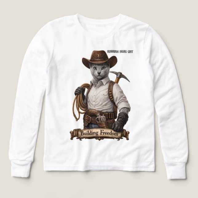 Rysk Blå Cowboy Katt – Bygger Frihet T Shirt (Design framsida)