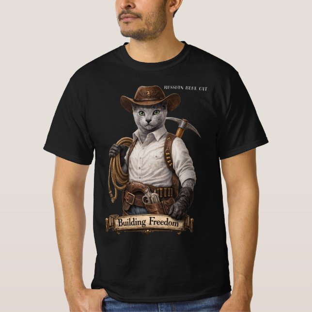 Rysk blå cowboykatt – Bygger frihet T Shirt (Framsida)