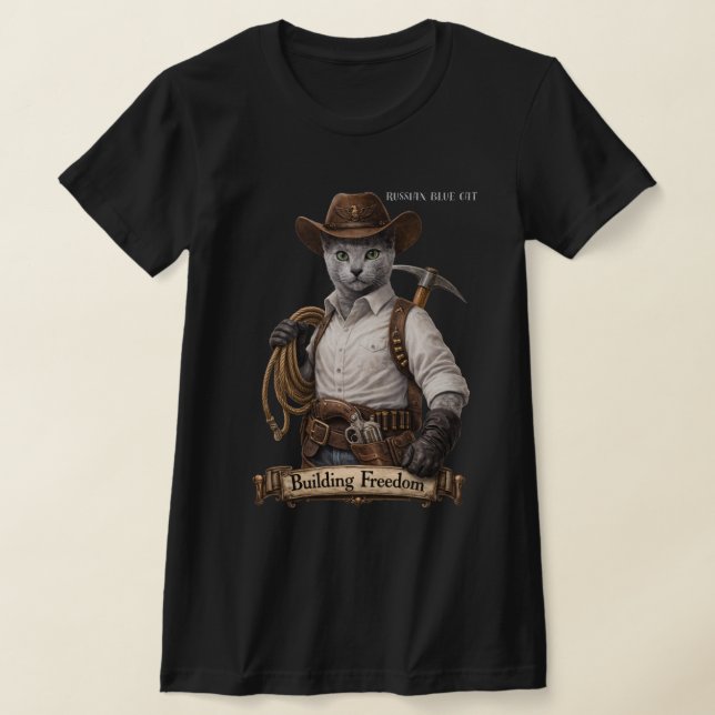 Rysk blå cowboykatt – Bygger frihet T Shirt (Laydown)