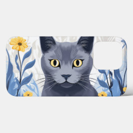 Rysk Blå Katt Gula Blommor