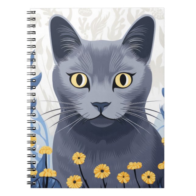 Rysk Blå Katt Gula Blommor Anteckningsbok (Framsidan)