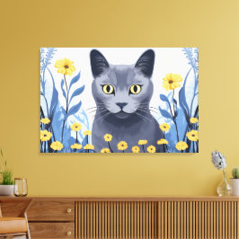Rysk Blå Katt Gula Blommor Canvastryck