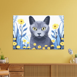 Rysk Blå Katt Gula Blommor Canvastryck