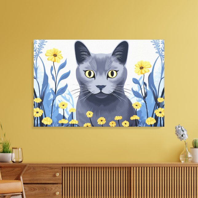 Rysk Blå Katt Gula Blommor Canvastryck (Insitu (Vardagsrum))