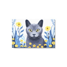 Rysk Blå Katt Gula Blommor