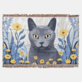 Rysk Blå Katt Gula Blommor Filt