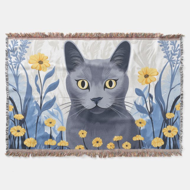 Rysk Blå Katt Gula Blommor Filt (Framsidan)