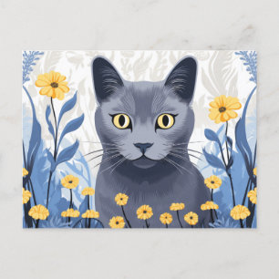 Rysk blå katt gula blommor helg vykort