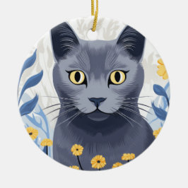 Rysk Blå Katt Gula Blommor Julgransprydnad Keramik
