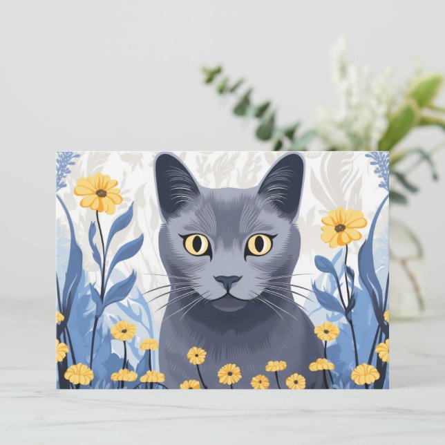 Rysk Blå Katt Gula Blommor Julkort (Stående Fram)