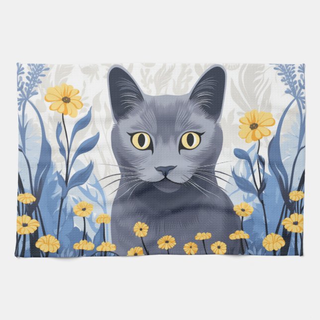 Rysk Blå Katt Gula Blommor Kökshandduk (Horisontell)