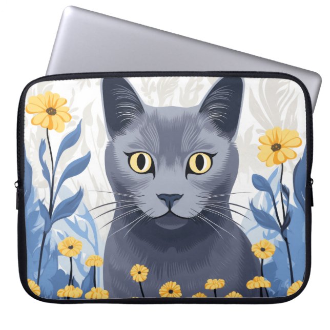 Rysk Blå Katt Gula Blommor Laptop Fodral (Framsidan)