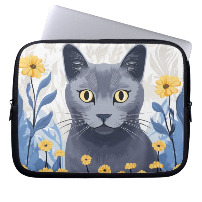 Rysk Blå Katt Gula Blommor Laptop Fodral (Framsidan)