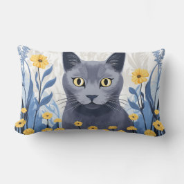 Rysk Blå Katt Gula Blommor Lumbarkudde