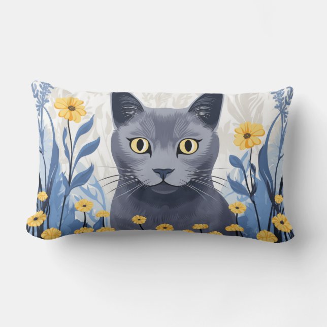 Rysk Blå Katt Gula Blommor Lumbarkudde (Framsida)