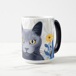 Rysk Blå Katt Gula Blommor Magisk Mugg