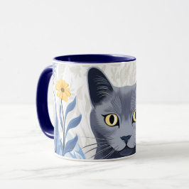 Rysk Blå Katt Gula Blommor Mugg
