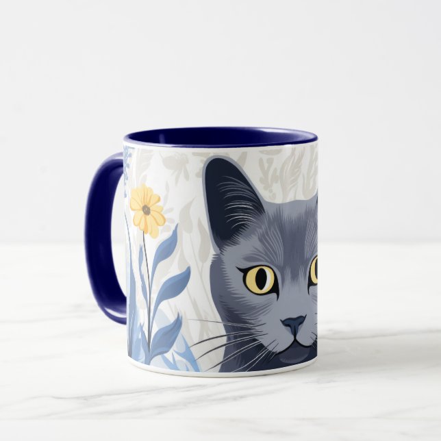 Rysk Blå Katt Gula Blommor Mugg (Framsida vänster)