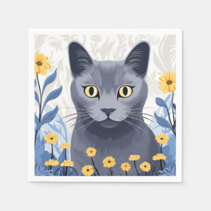Rysk blå katt gula blommor pappersservett