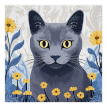 Rysk Blå Katt Gula Blommor