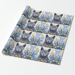 Rysk Blå Katt Gula Blommor Presentpapper