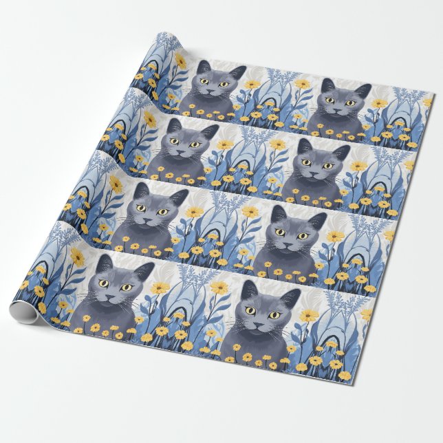 Rysk Blå Katt Gula Blommor Presentpapper (Utrullad)