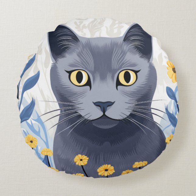 Rysk blå katt gula blommor rund kudde (Framsidan)