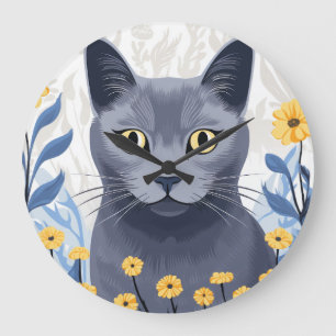 Rysk Blå Katt Gula Blommor Stor Klocka