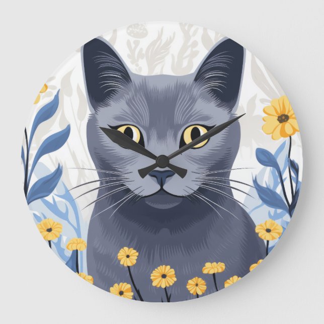 Rysk Blå Katt Gula Blommor Stor Klocka (Framsida)