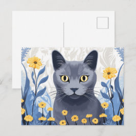 Rysk Blå Katt Gula Blommor Vykort