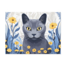 Rysk Blå Katt Gula Blommor