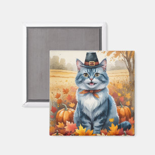 Rysk blå katt Höstlöv Thanksgiving-konst Magnet