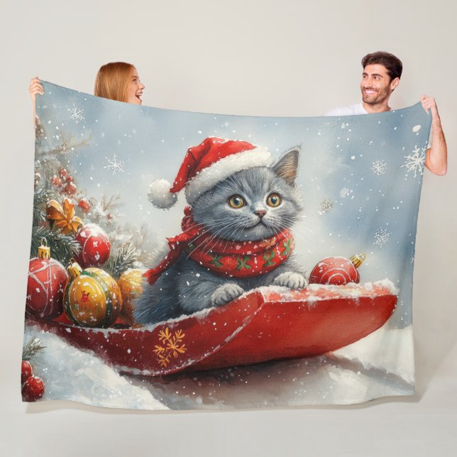 Rysk blå katt i släde Låt det snöa jul Fleecefilt (På plats)