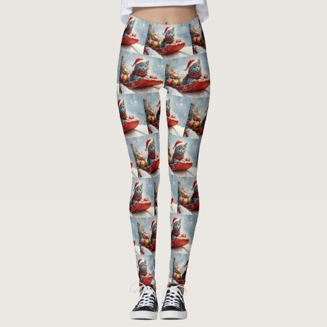 Rysk blå katt i släde Låt det snöa jul Leggings (Framsida)