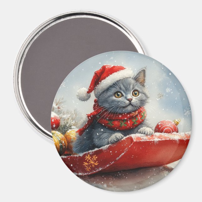 Rysk blå katt i släde Låt det snöa jul Magnet (Front/Back)