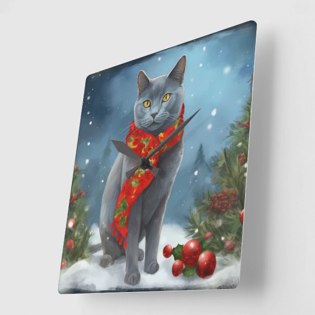 Rysk blå katt i snö jul fyrkantig klocka (Vinkel)