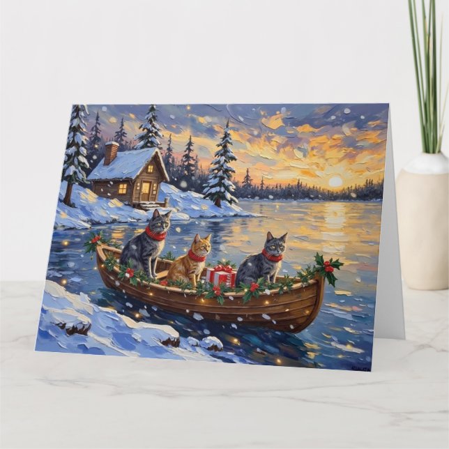Rysk Blå Katt Jul Båt Semester Kort (Framsida)