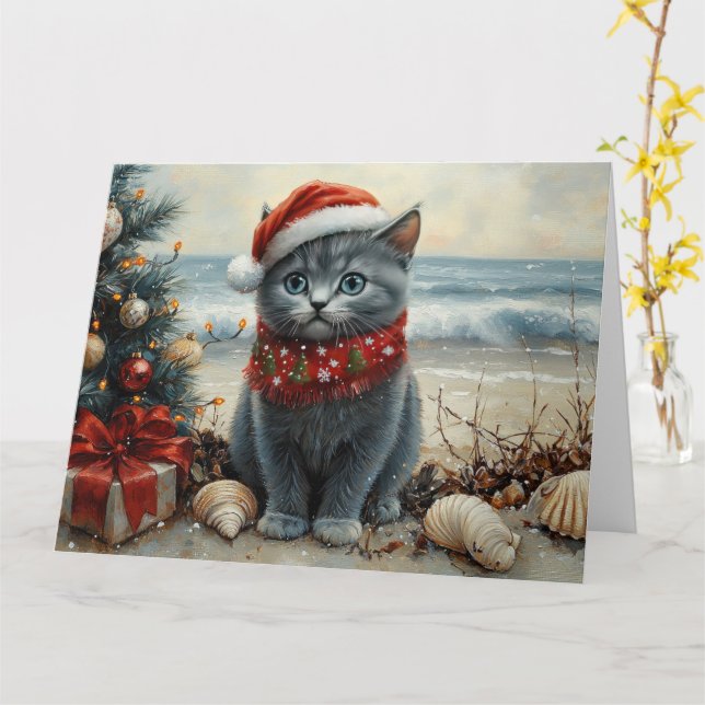 Rysk Blå Katt Jul Vintage Strand Kort (Gul blomma)