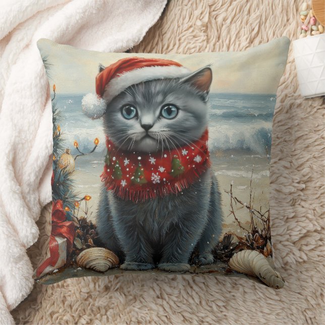 Rysk Blå Katt Jul Vintage Strand Kudde (Filt)