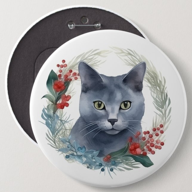 Rysk blå katt julkrans festliga kattunge knapp (Framsida & baksida)