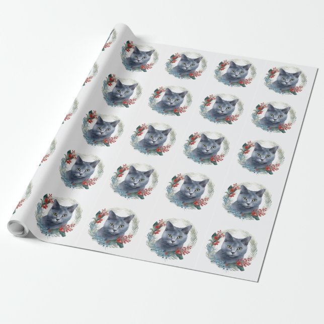 Rysk blå katt julkrans festliga kattunge presentpapper (Utrullad)