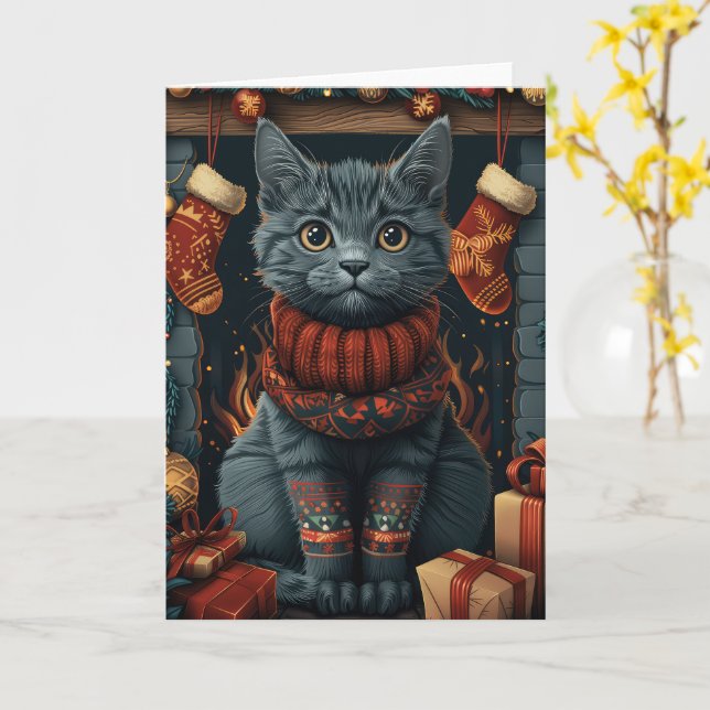 Rysk blå katt med julklappar öppen spis kort (Gul blomma)
