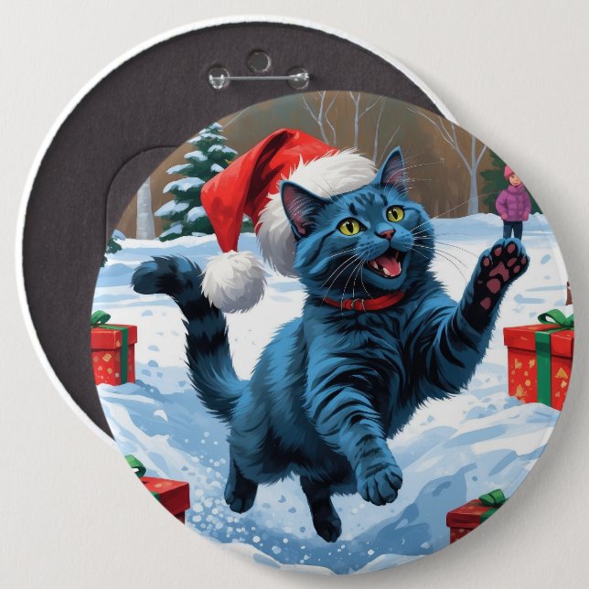 Rysk Blå Katt Springande i Snö med Julhatt Knapp (Framsida & baksida)