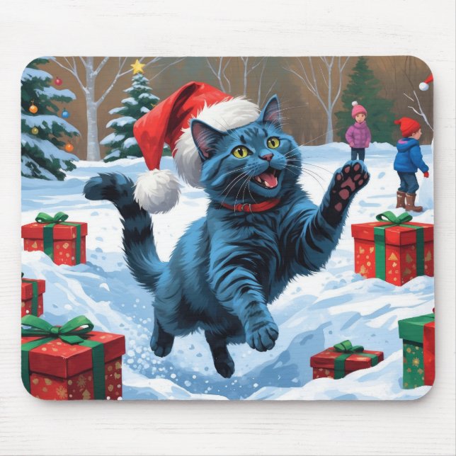 Rysk Blå Katt Springande i Snö med Julhatt Musmatta (Framsidan)