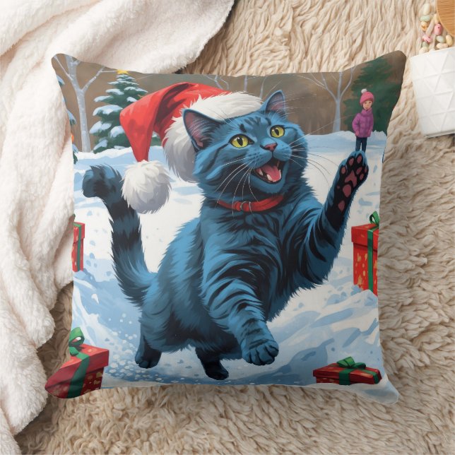 Rysk blå katt springer i snö med julhatt kudde (Filt)