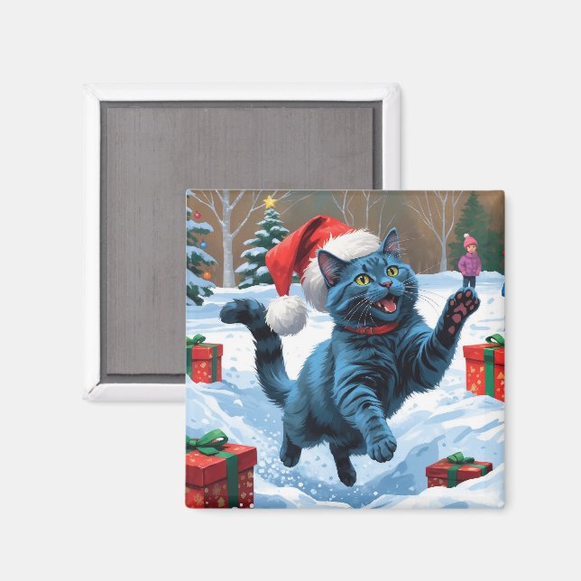 Rysk blå katt springer i snö med julhatt magnet (Front/Back)