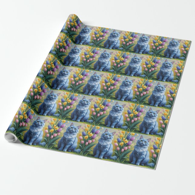 Rysk blå katt vårblommor målning  presentpapper (Utrullad)